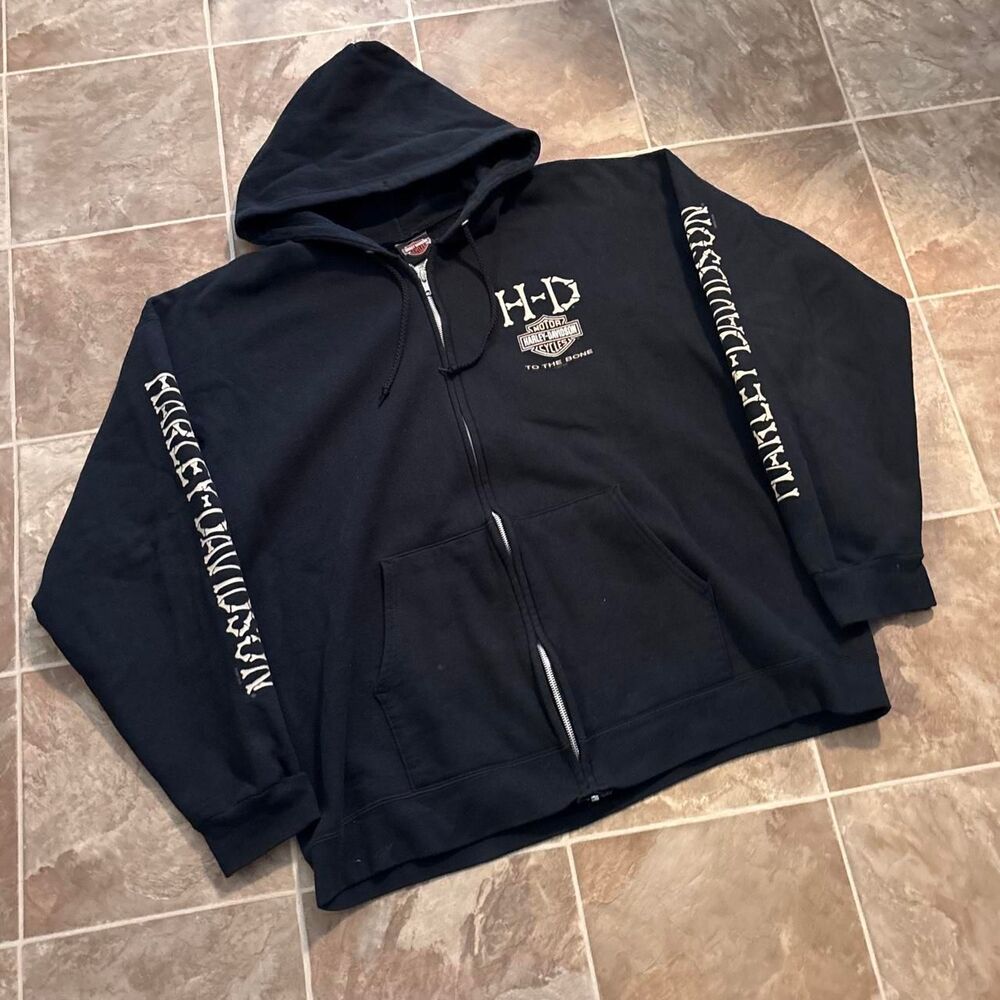 Vintage Y2K 2007 Harley Davidson “BONE” spells black zip up hoodie Size large!